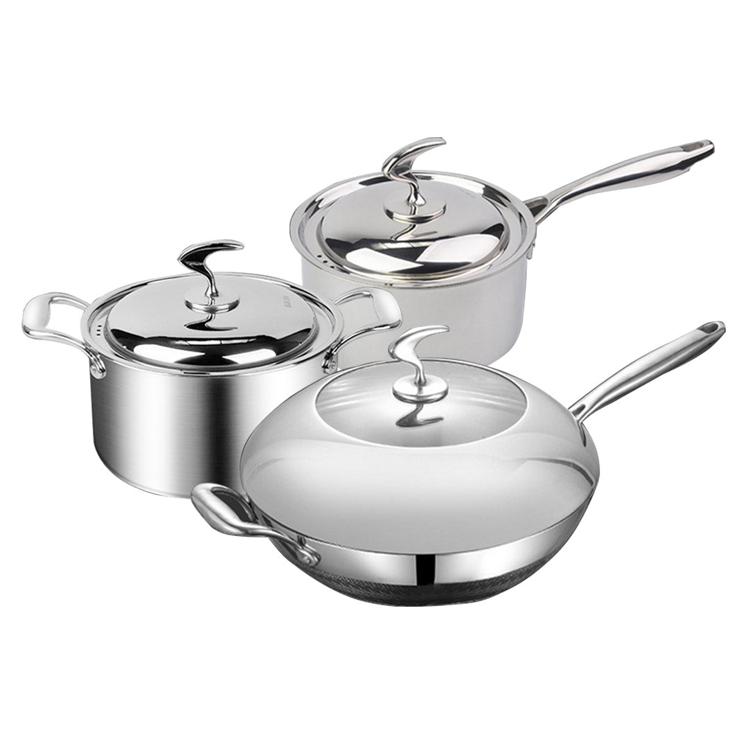 NNEAGS 6 Piece Cookware Set 18/10 Stainless Steel 3-Ply Frying Pan, Milk, and Soup Pot with Lid-0