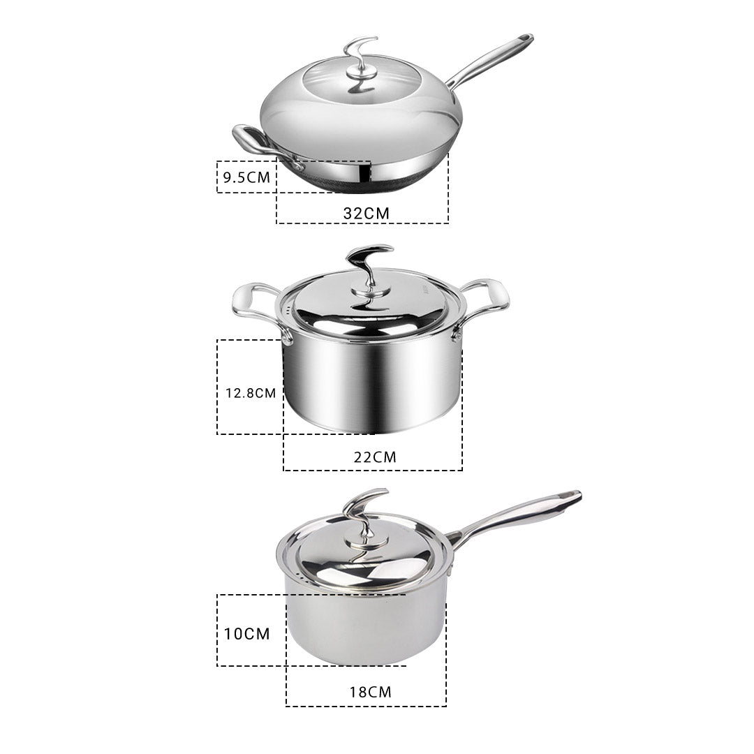 NNEAGS 6 Piece Cookware Set 18/10 Stainless Steel 3-Ply Frying Pan, Milk, and Soup Pot with Lid-1