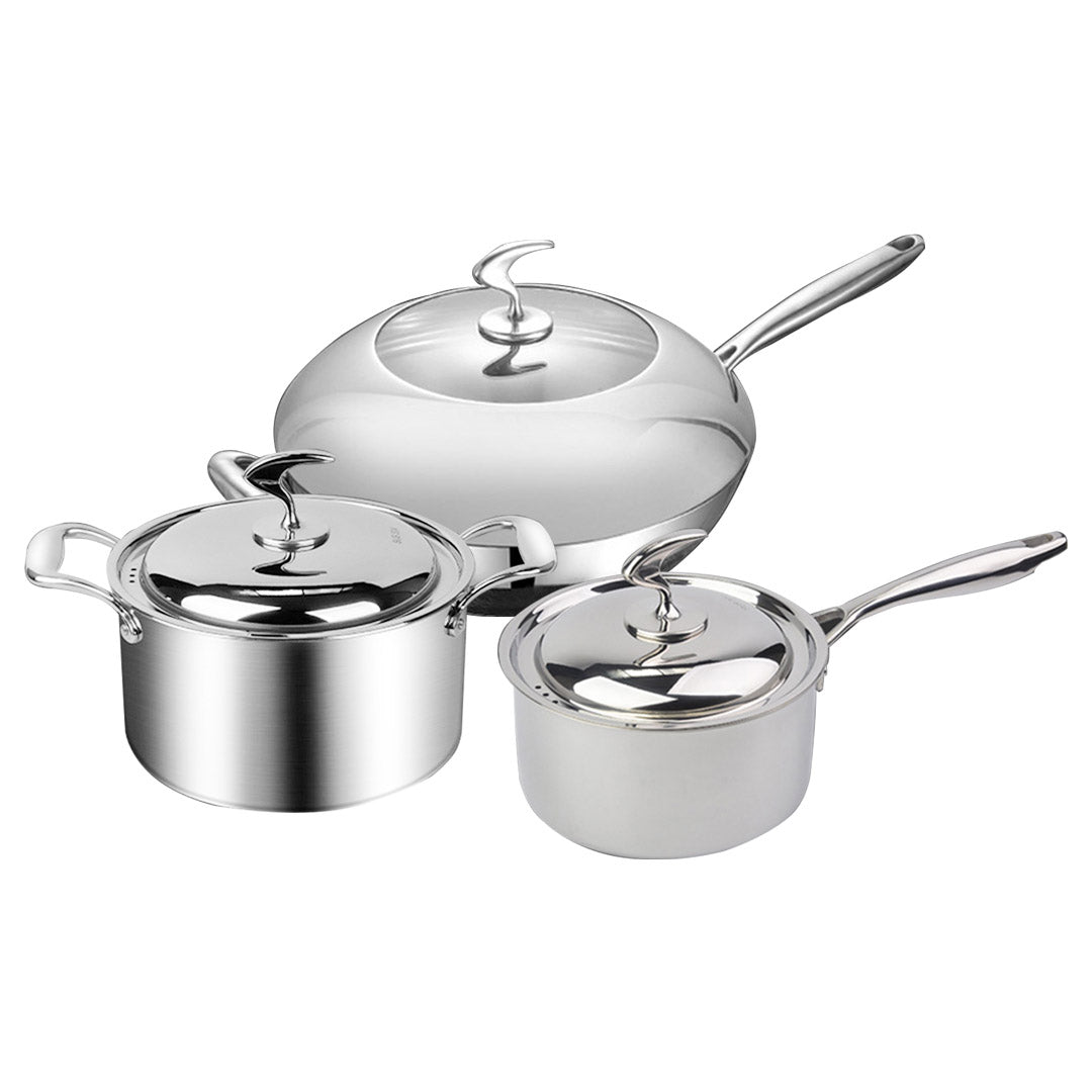 NNEAGS 6 Piece Cookware Set 18/10 Stainless Steel 3-Ply Frying Pan, Milk, and Soup Pot with Lid-2