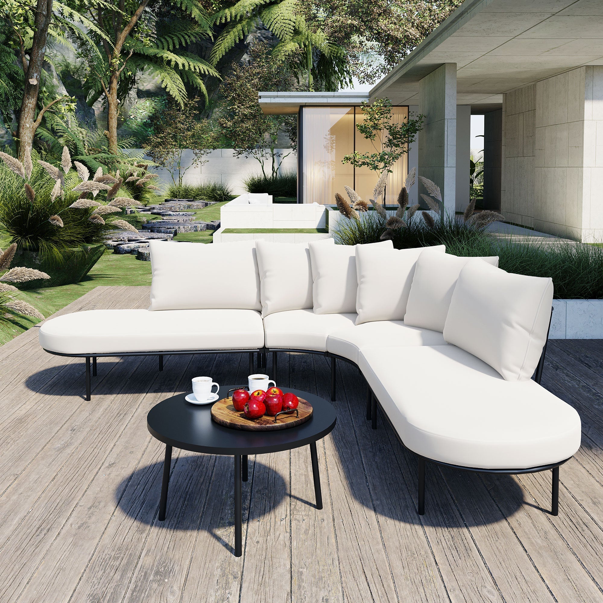Patio Half- Moon Curved Outdoor Furniture Sofa Set with Coffee Table, Sangria Beech