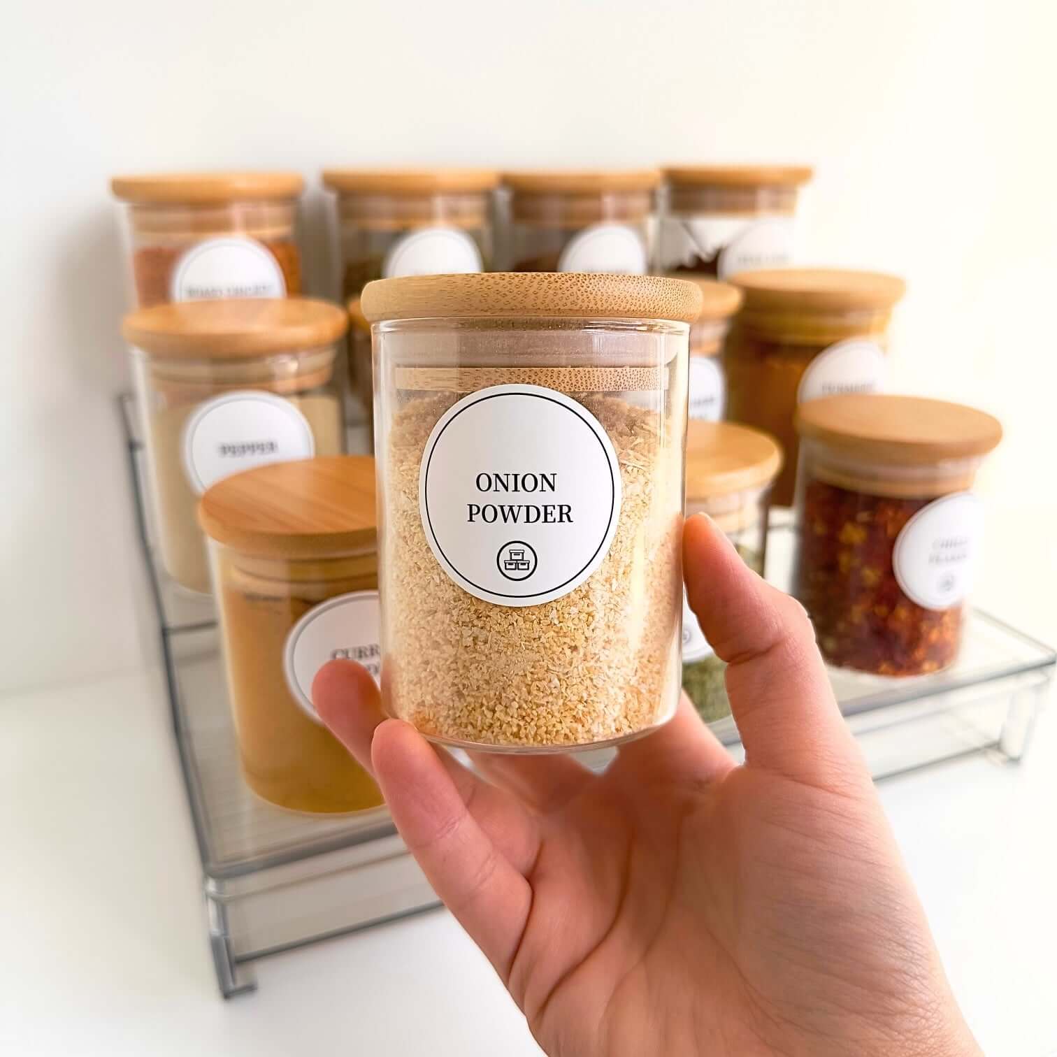 Acrylic Spice Rack with Drawer & 12 Bamboo Jars – Modern Kitchen Organizer (200ml Each)