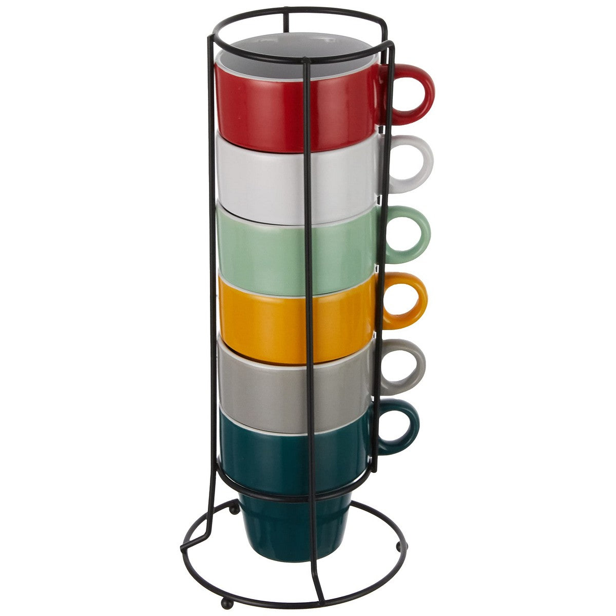 Secret de Gourmet 6-Piece Ceramic Coffee Cup Set with Metal Stand – Colorful Espresso Cups