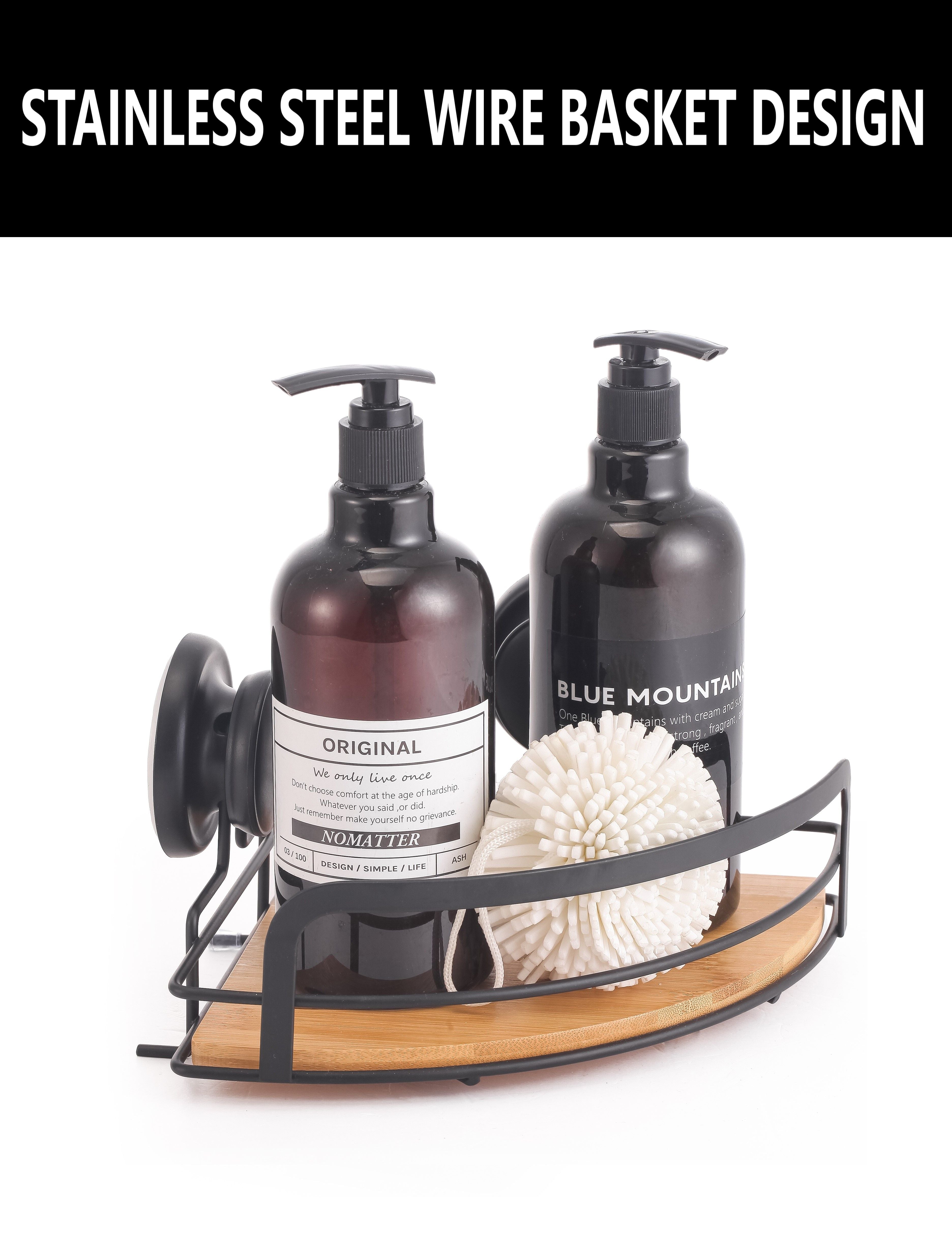 CARLA HOME  2 Pack Round Bamboo Corner Shower Caddy Shelf Basket Rack with Premium Vacuum Suction Cup No-Drilling for Bathroom and Kitchen-2