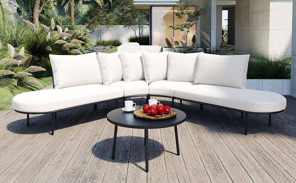Patio Half- Moon Curved Outdoor Furniture Sofa Set with Coffee Table, Sangria Beech