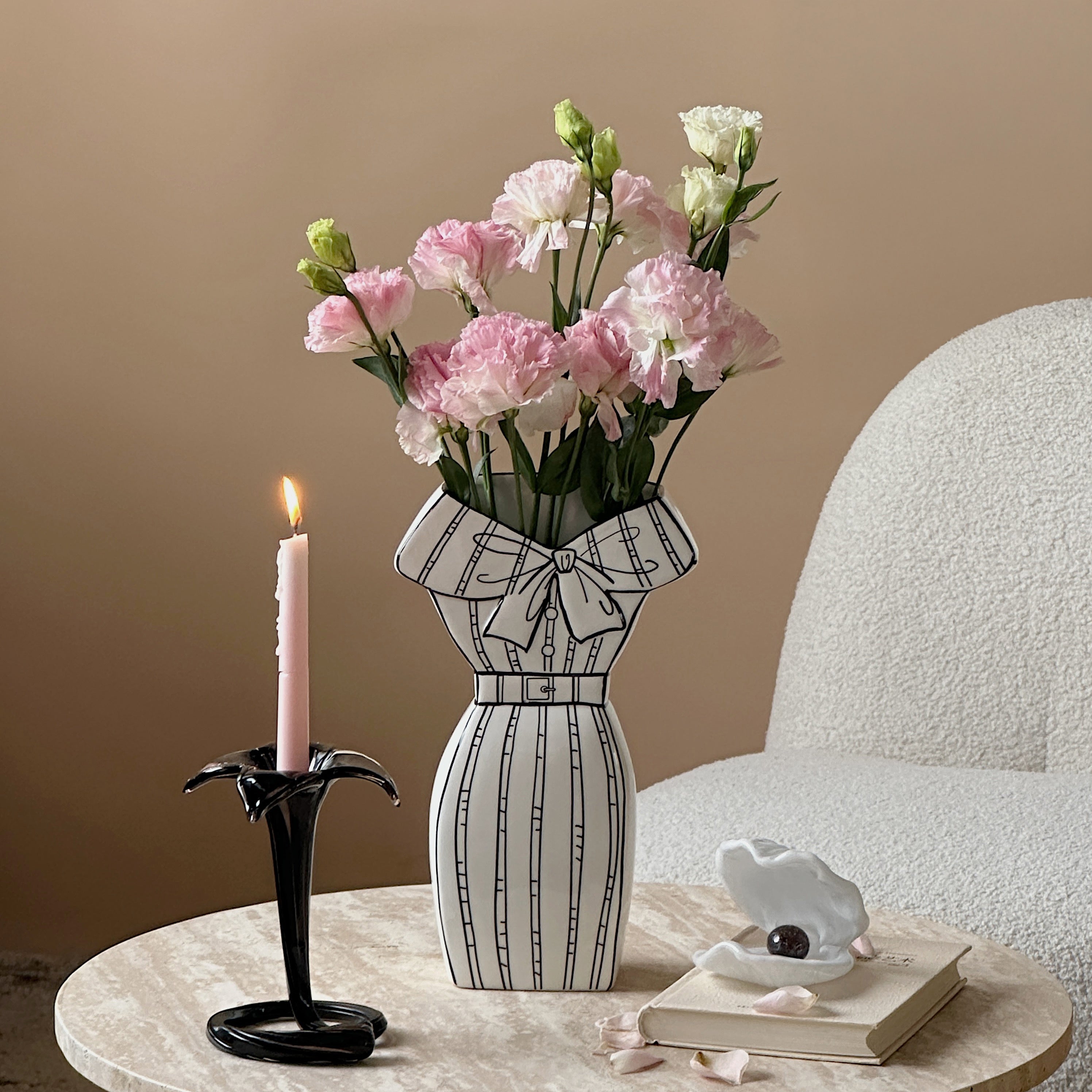 Dress-Shaped Ceramic Vase – Hand-Painted White with Black Ribbon Design