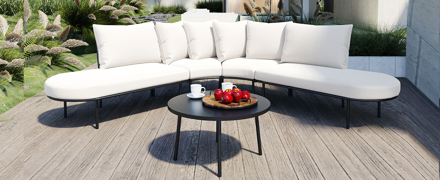 Patio Half- Moon Curved Outdoor Furniture Sofa Set with Coffee Table, Sangria Beech