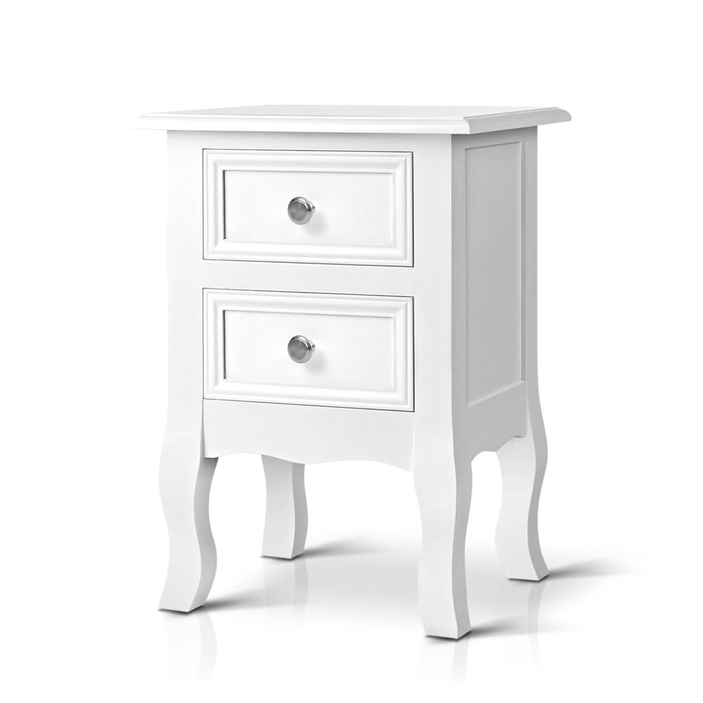 Elegant French Provincial Bedside Table – White Wooden Nightstand with Drawers and Cabriole Legs