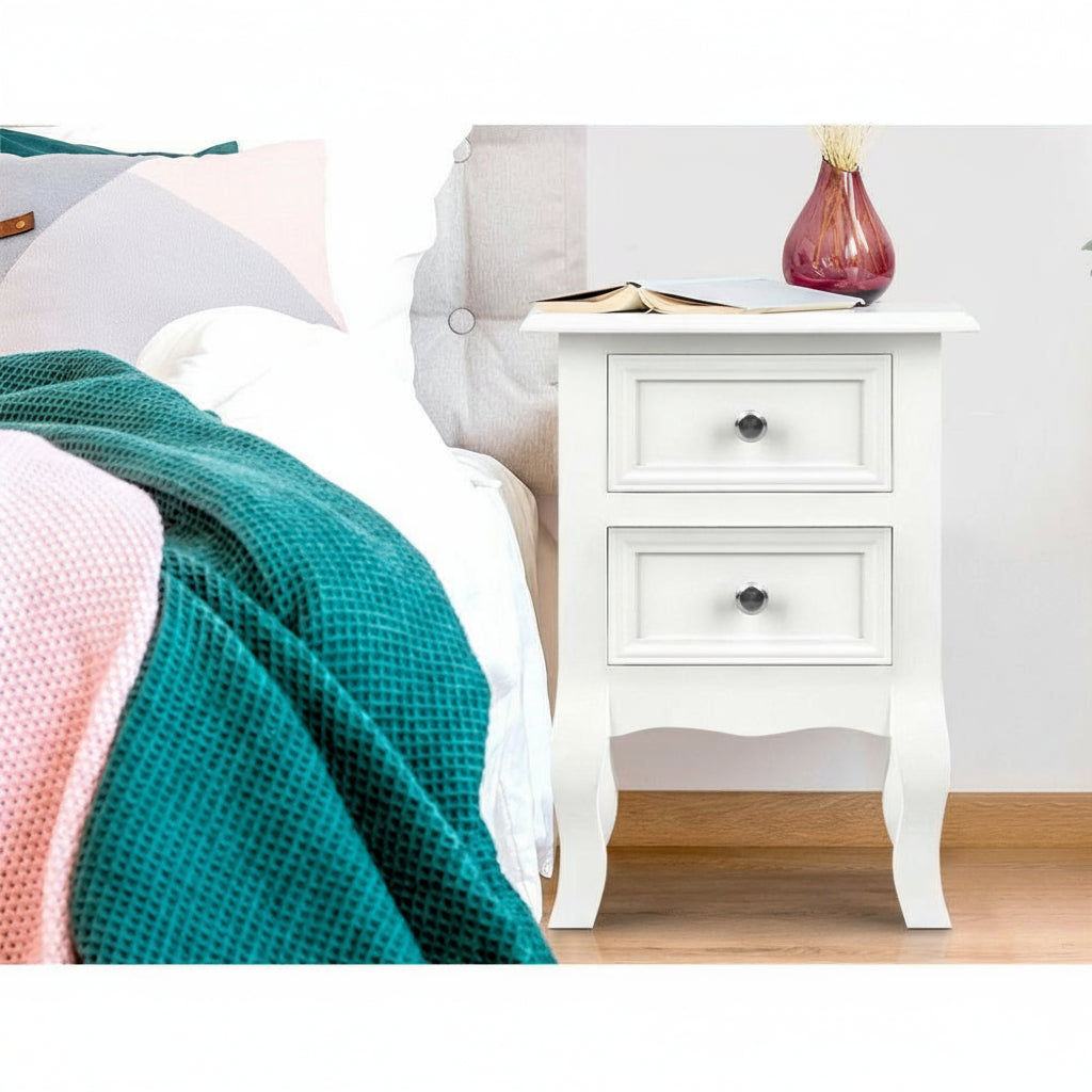 Elegant French Provincial Bedside Table – White Wooden Nightstand with Drawers and Cabriole Legs