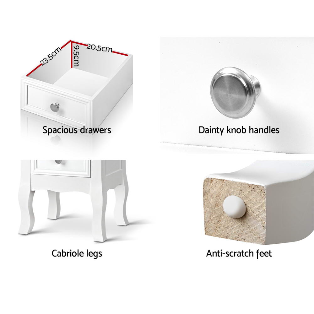 Elegant French Provincial Bedside Table – White Wooden Nightstand with Drawers and Cabriole Legs