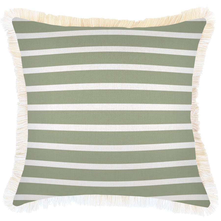Hampton Stripe Sage Cushion Cover - 45x45cm Coastal Fringe Luxury Cushion for Home