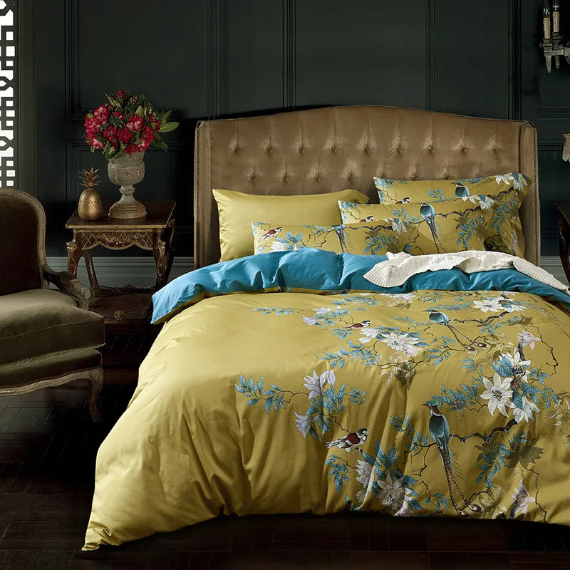 Luxury 600TC Pure Egyptian Cotton Botanical Floral Duvet Cover Set — Vintage Chinoiserie Golden Mustard Yellow (4-Piece Set) WHIMSICAL HOME OF CREATIONS