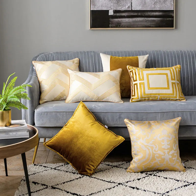 Golden Jacquard Luxury Cushion Cover - Modern Geometric Design
