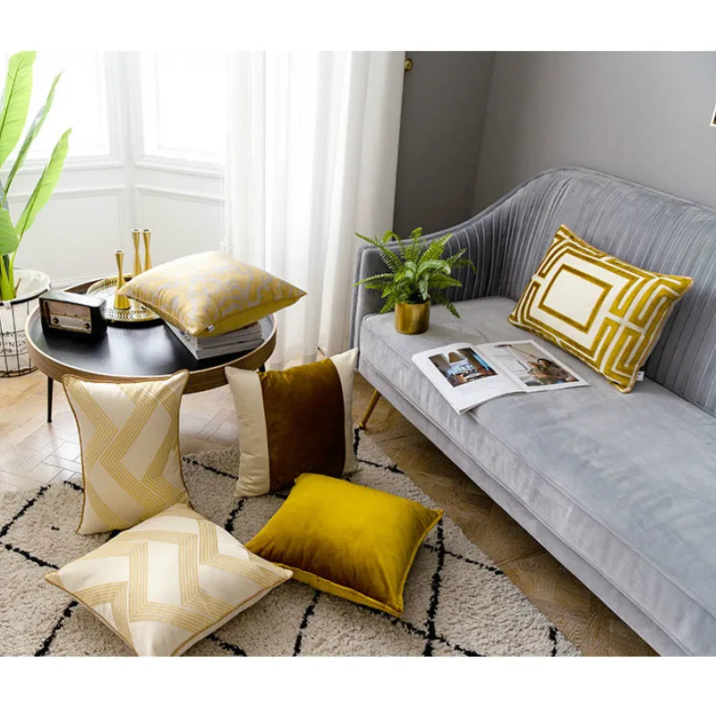 Golden Jacquard Luxury Cushion Cover - Modern Geometric Design