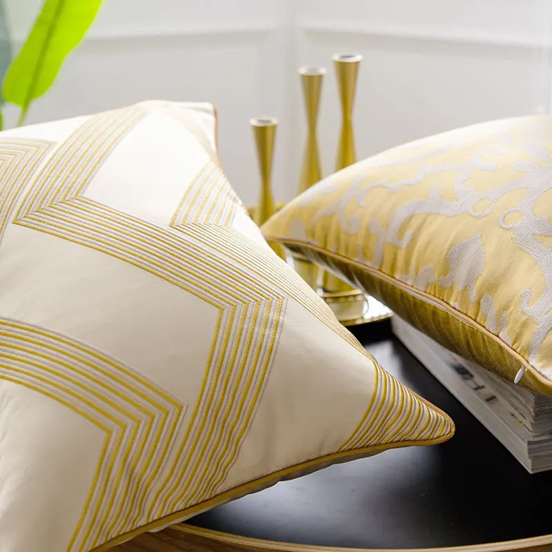 Golden Jacquard Luxury Cushion Cover - Modern Geometric Design
