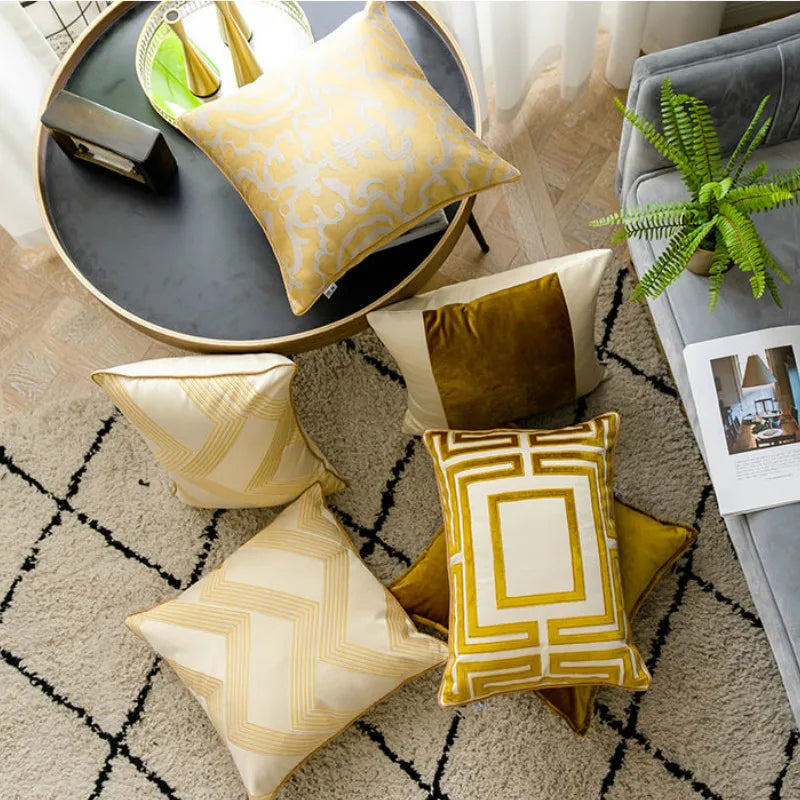 Golden Jacquard Luxury Cushion Cover - Modern Geometric Design