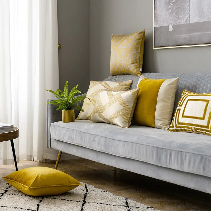 Golden Jacquard Luxury Cushion Cover - Modern Geometric Design