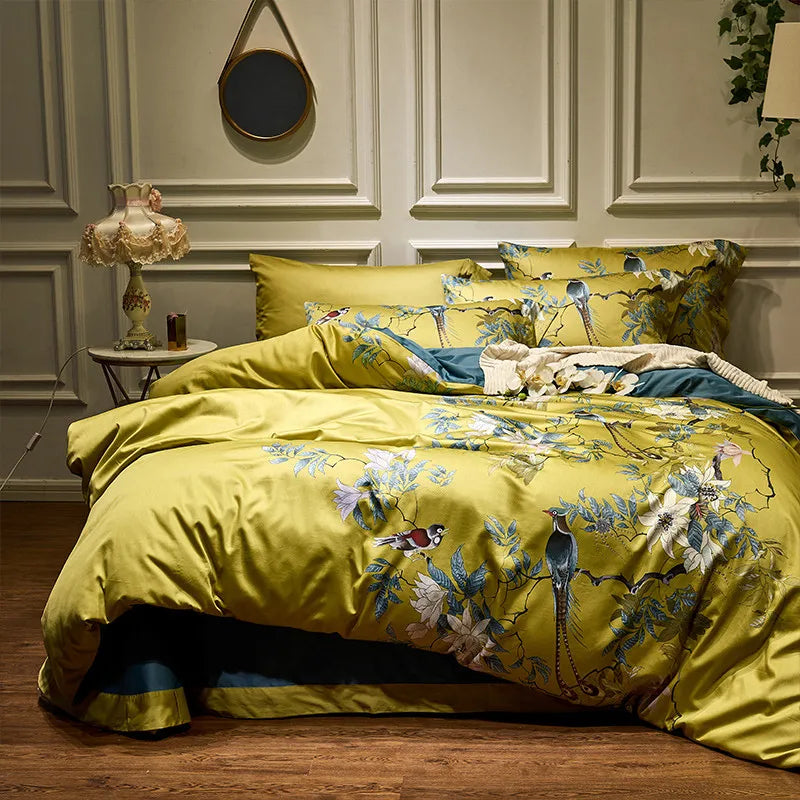 Luxury 600TC Pure Egyptian Cotton Botanical Floral Duvet Cover Set — Vintage Chinoiserie Golden Mustard Yellow (4-Piece Set) WHIMSICAL HOME OF CREATIONS