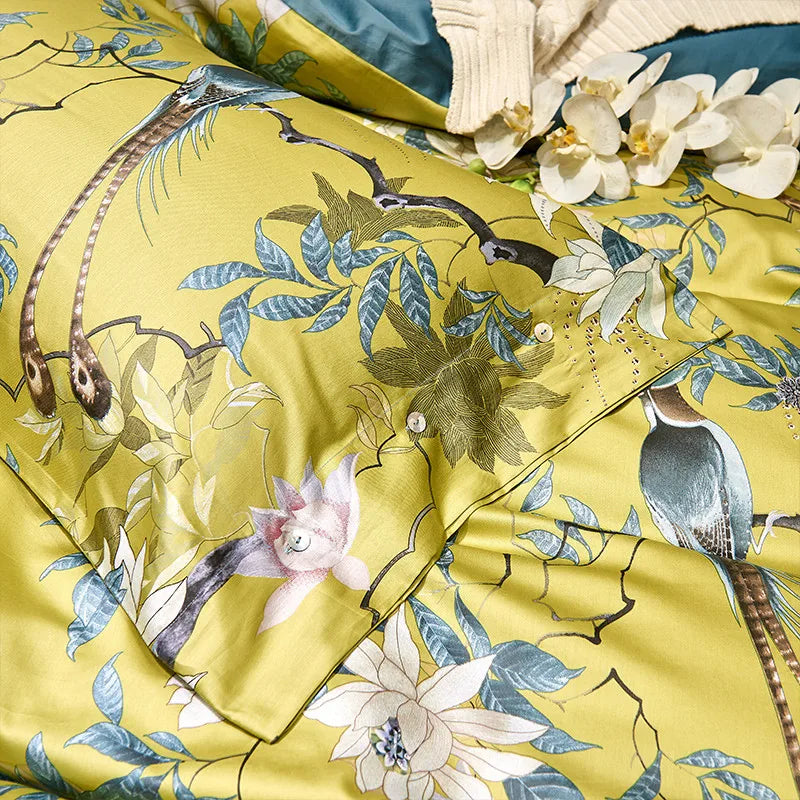 Luxury 600TC Pure Egyptian Cotton Botanical Floral Duvet Cover Set — Vintage Chinoiserie Golden Mustard Yellow (4-Piece Set) WHIMSICAL HOME OF CREATIONS