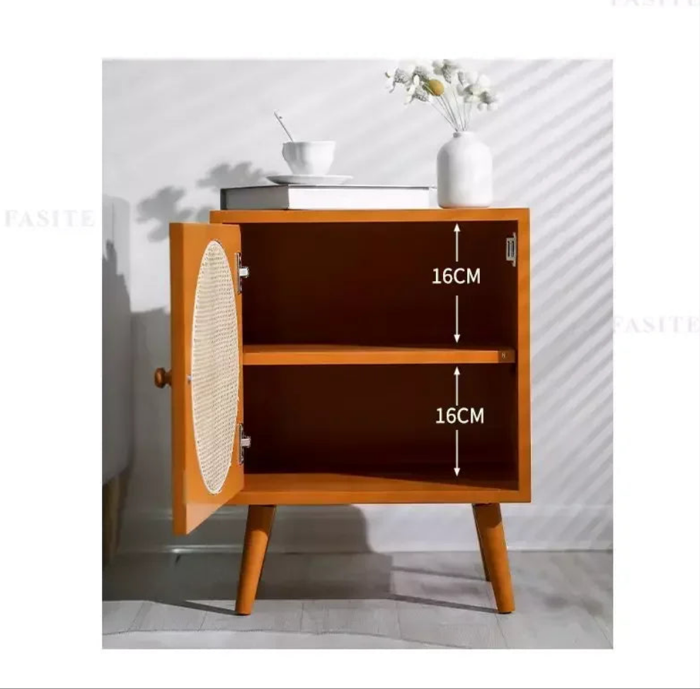 Scandinavian Cane Webbing Bedside Table – Modern Nordic Nightstand in Natural Wood Finish WHIMSICAL HOME OF CREATIONS