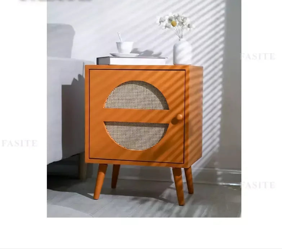 Scandinavian Cane Webbing Bedside Table – Modern Nordic Nightstand in Natural Wood Finish WHIMSICAL HOME OF CREATIONS