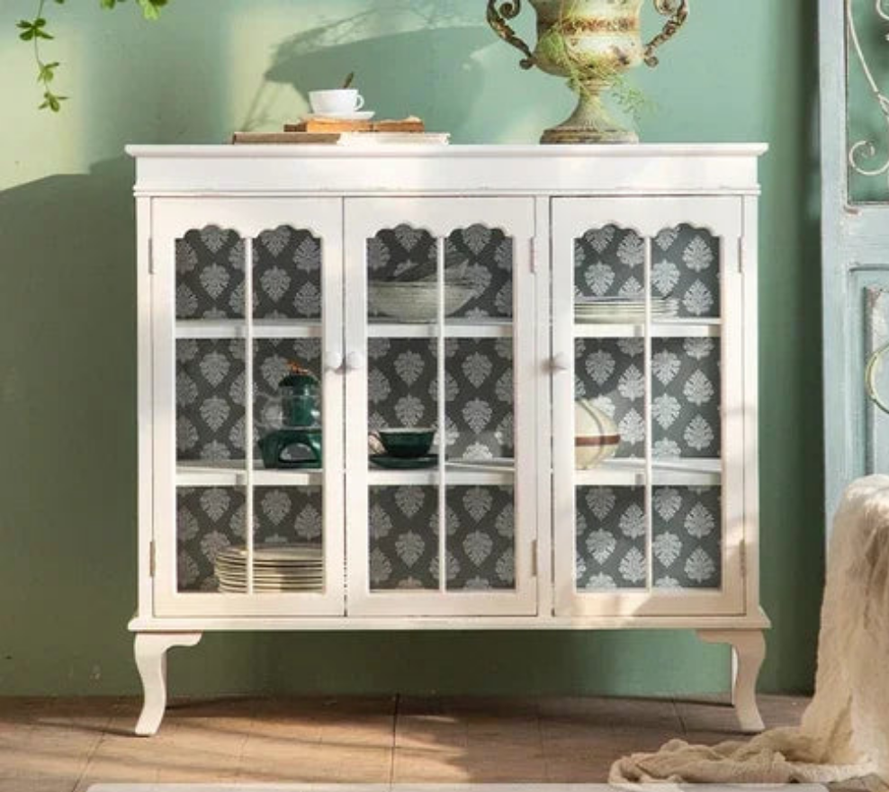 French Distressed Glass Cabinet – Rustic Elegance with Luxury Interior Design WHIMSICAL HOME OF CREATIONS