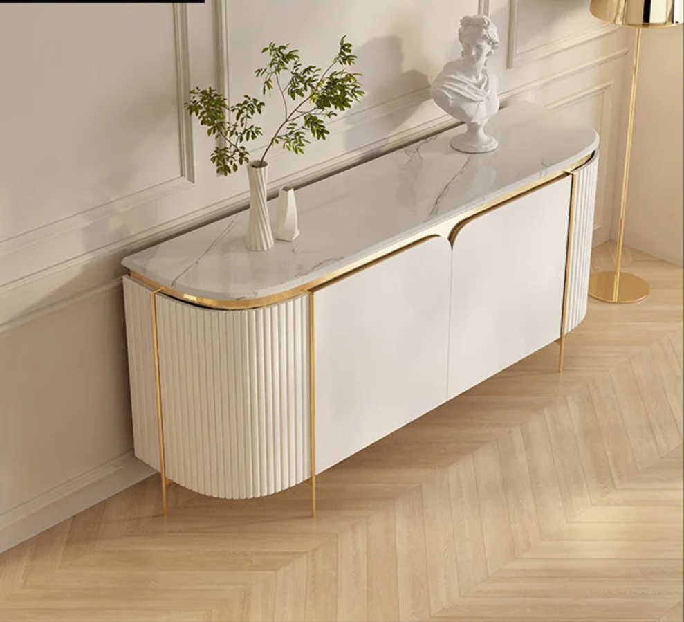 Elegant Marble Sideboard with Gold Trim - Cream Glass Finish WHIMSICAL HOME OF CREATIONS