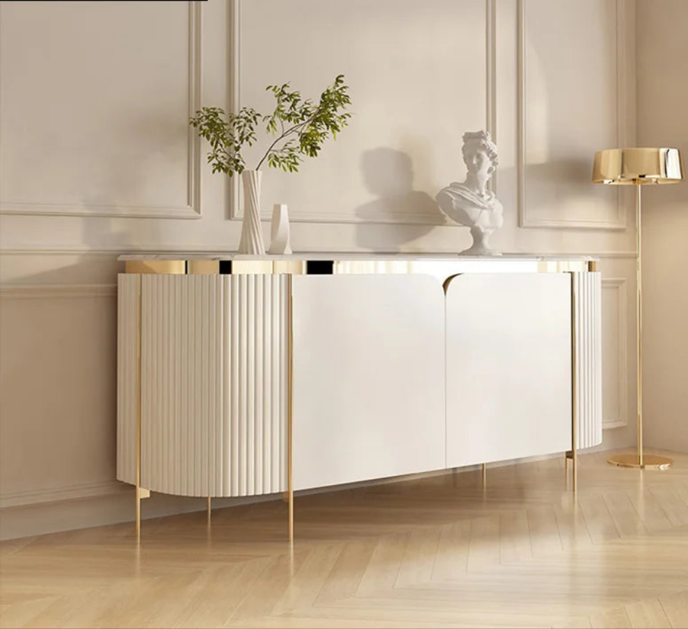 Elegant Marble Sideboard with Gold Trim - Cream Glass Finish WHIMSICAL HOME OF CREATIONS