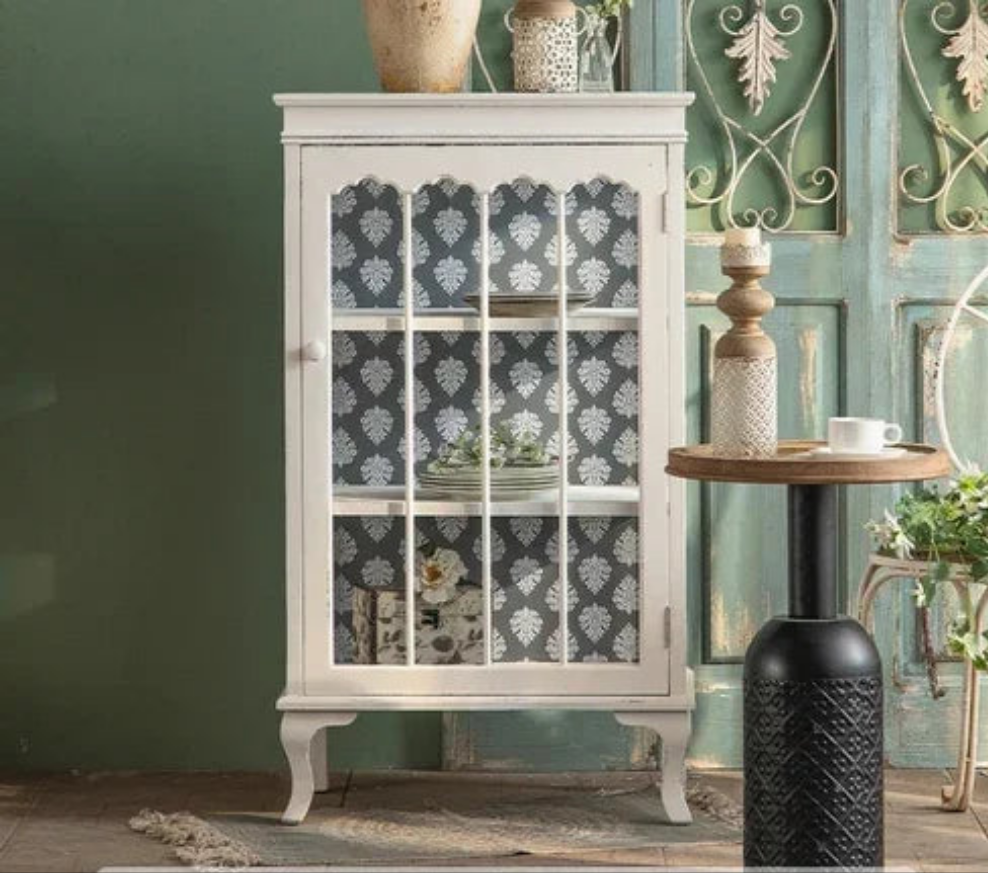 French Distressed Glass Cabinet – Rustic Elegance with Luxury Interior Design WHIMSICAL HOME OF CREATIONS