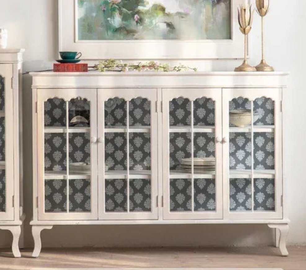 French Distressed Glass Cabinet – Rustic Elegance with Luxury Interior Design WHIMSICAL HOME OF CREATIONS