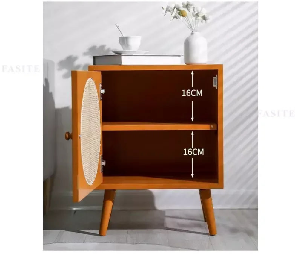 Scandinavian Cane Webbing Bedside Table – Modern Nordic Nightstand in Natural Wood Finish WHIMSICAL HOME OF CREATIONS