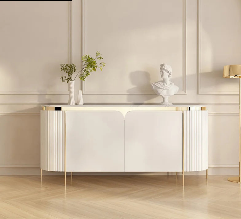 Elegant Marble Sideboard with Gold Trim - Cream Glass Finish WHIMSICAL HOME OF CREATIONS