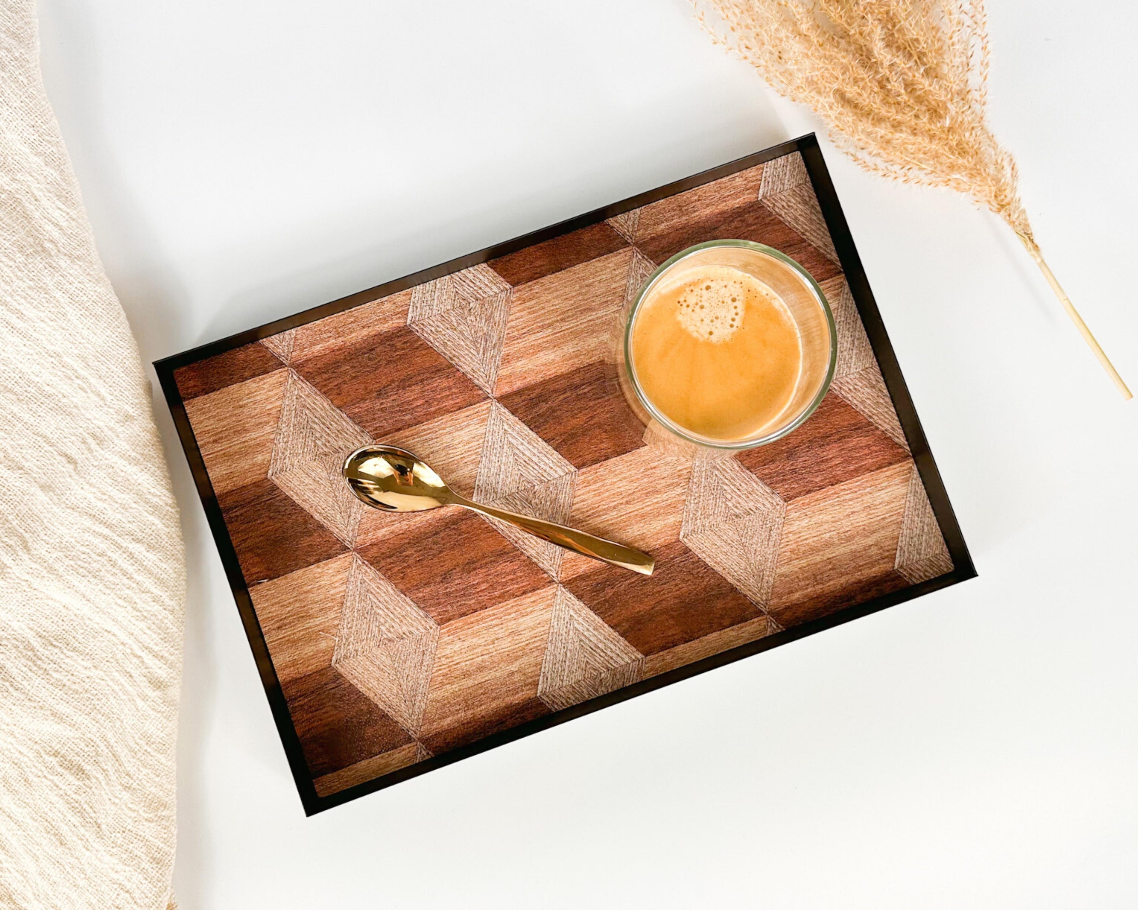 June Rectangle Iron Serving Tray with Wood-Effect Liner – Modern Decorative Metal Tray for Coffee Table or Dining Décor
