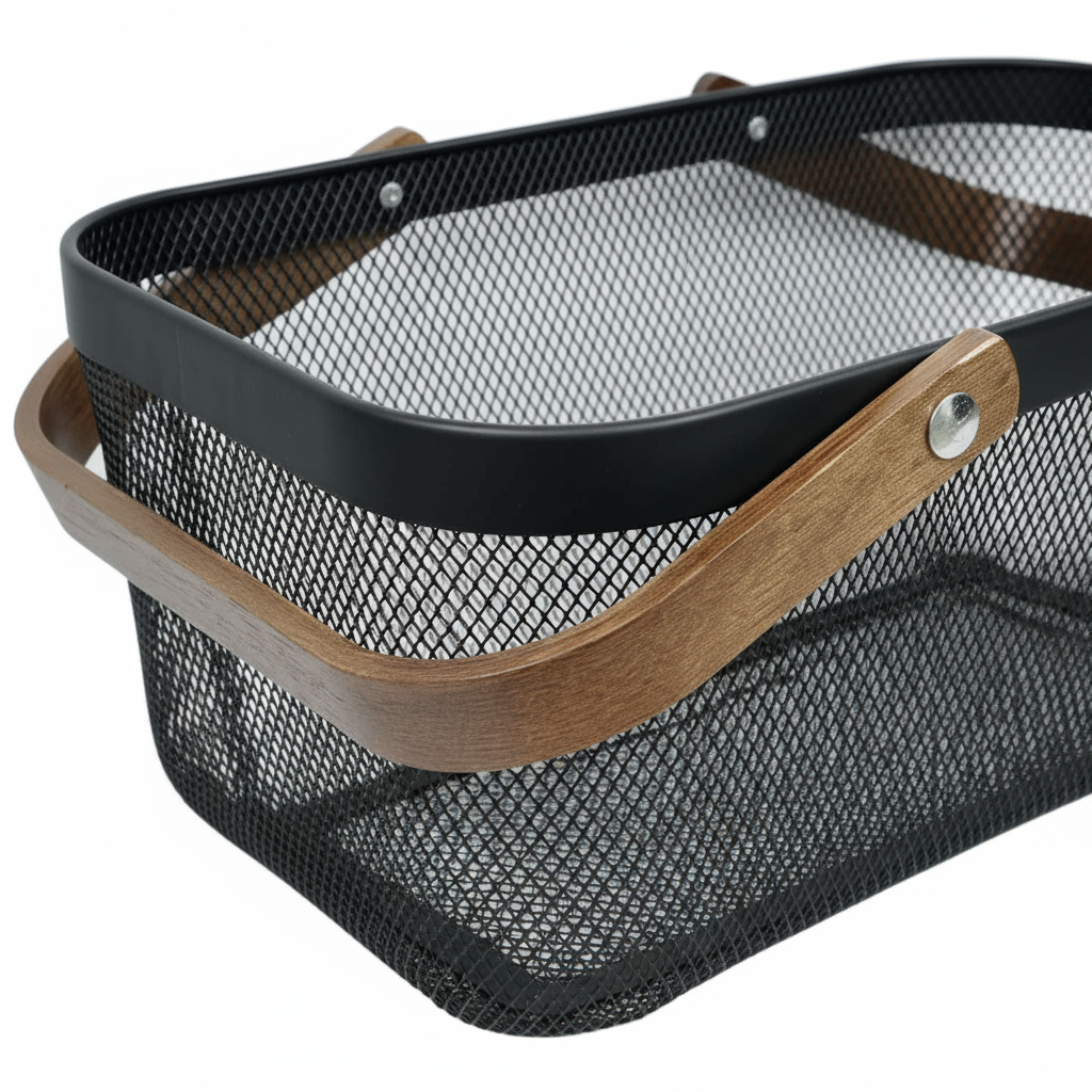 Large Black Handy Storage Basket with Acacia Wood Handles – Durable & Stylish Organisation