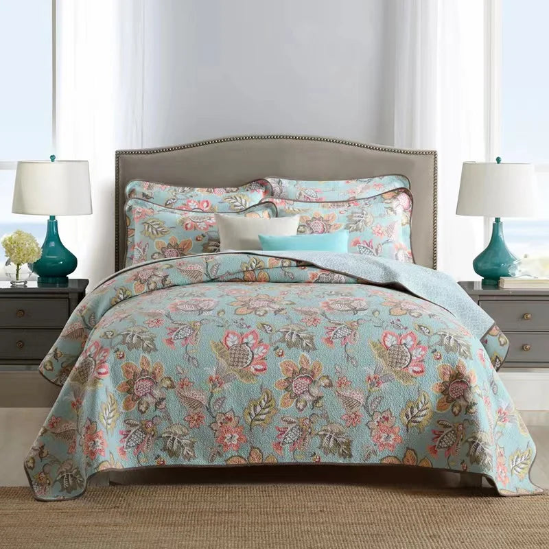 Luxury 500TC Pure Egyptian Cotton Boho Vintage Floral Reversible Bedcover Quilt Set – 3-Piece King & Queen Fit WHIMSICAL HOME OF CREATIONS