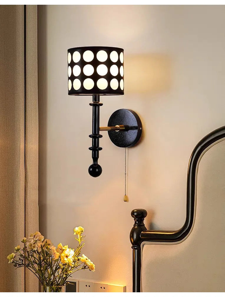 Luxury Mid-Century Art Deco Fabric Wall Sconce – Black & Walnut, LED Lighting WHIMSICAL HOME OF CREATIONS