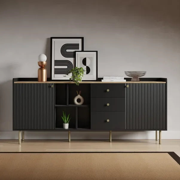 Extra Wide Retro Ribbed Sideboard with Gold Accents – Dark Wood & Luxury Design WHIMSICAL HOME OF CREATIONS