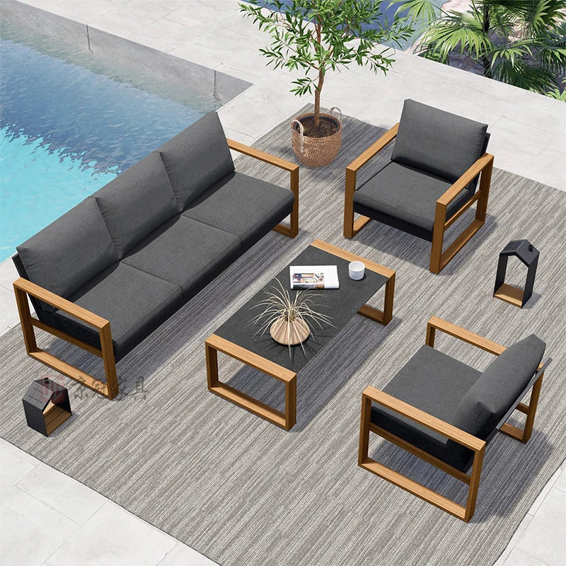 Luxury 4-Piece Aluminium Faux-Wood Outdoor Lounge Set — Modern Californian Minimalist Design WHIMSICAL HOME OF CREATIONS