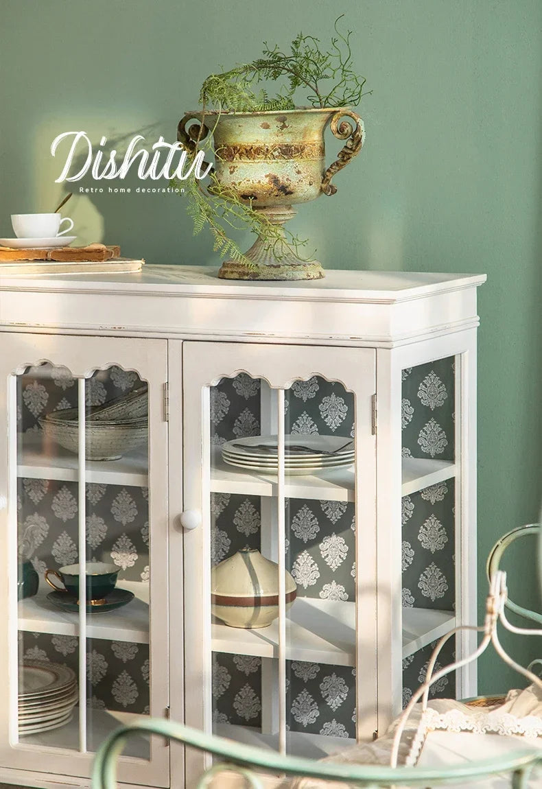 French Distressed Glass Cabinet – Rustic Elegance with Luxury Interior Design WHIMSICAL HOME OF CREATIONS