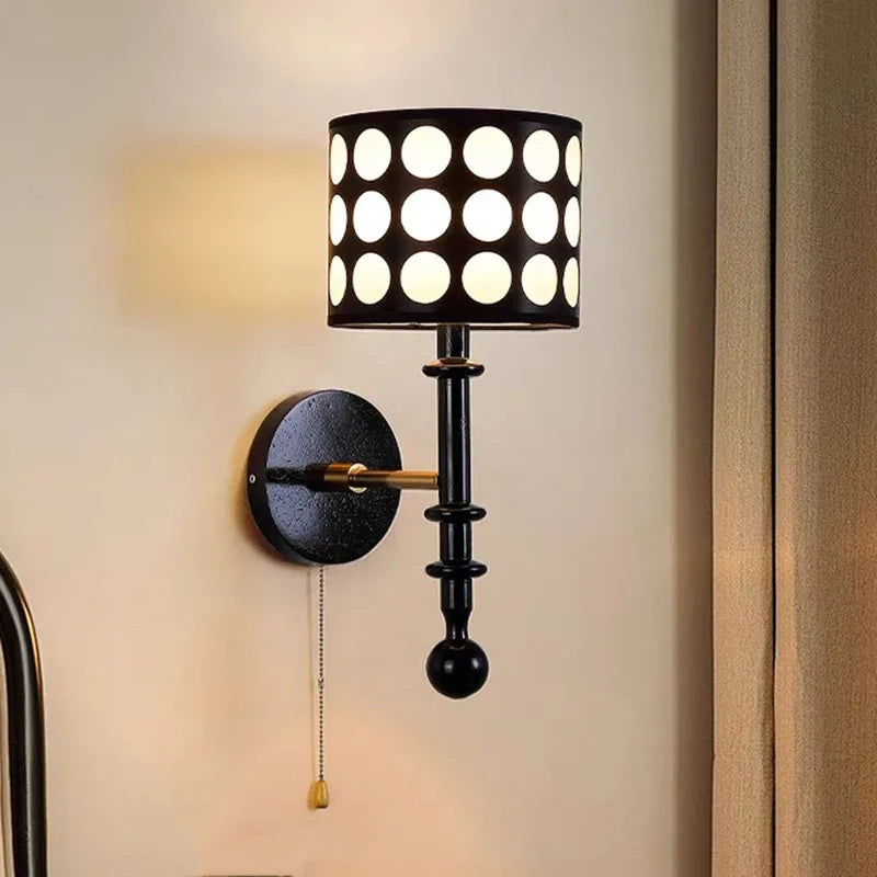 Luxury Mid-Century Art Deco Fabric Wall Sconce – Black & Walnut, LED Lighting WHIMSICAL HOME OF CREATIONS