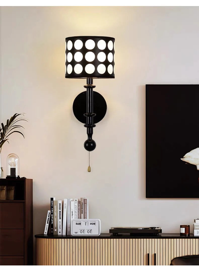 Luxury Mid-Century Art Deco Fabric Wall Sconce – Black & Walnut, LED Lighting WHIMSICAL HOME OF CREATIONS