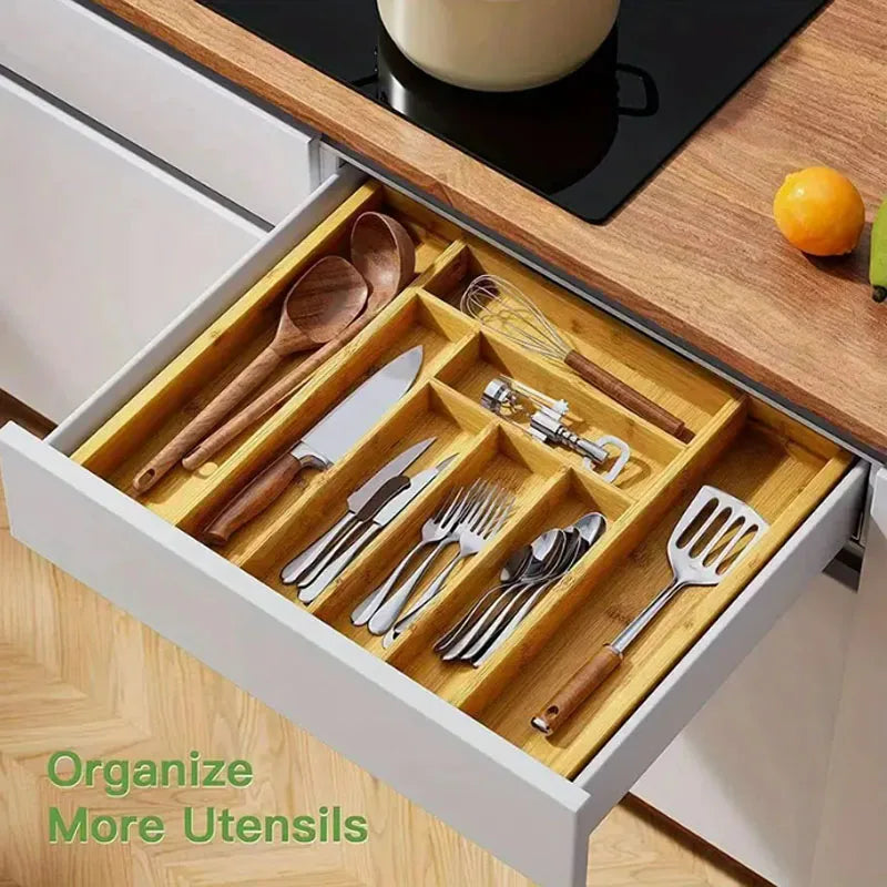 Adjustable Bamboo Drawer Organiser – Expandable 8-Grid Cutlery & Utensil Storage for Kitchen, Office & Home WHIMSICAL HOME OF CREATIONS