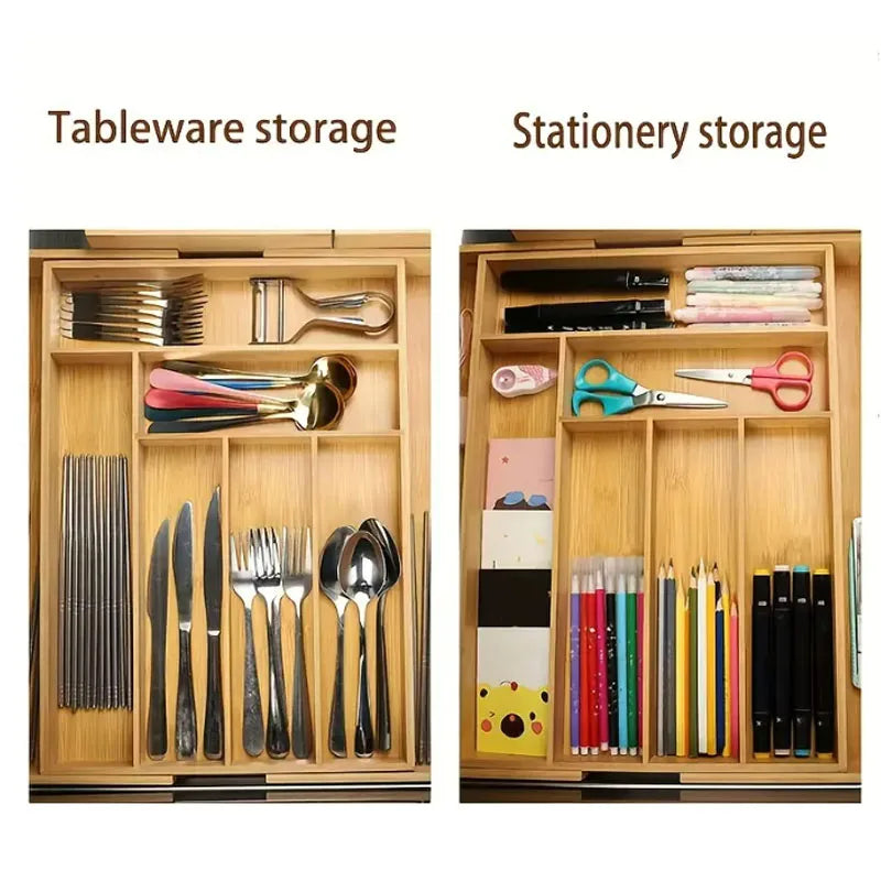 Adjustable Bamboo Drawer Organiser – Expandable 8-Grid Cutlery & Utensil Storage for Kitchen, Office & Home WHIMSICAL HOME OF CREATIONS