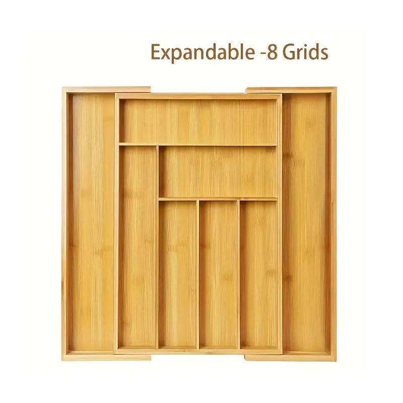 Adjustable Bamboo Drawer Organiser – Expandable 8-Grid Cutlery & Utensil Storage for Kitchen, Office & Home WHIMSICAL HOME OF CREATIONS