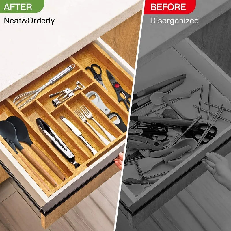 Adjustable Bamboo Drawer Organiser – Expandable 8-Grid Cutlery & Utensil Storage for Kitchen, Office & Home WHIMSICAL HOME OF CREATIONS