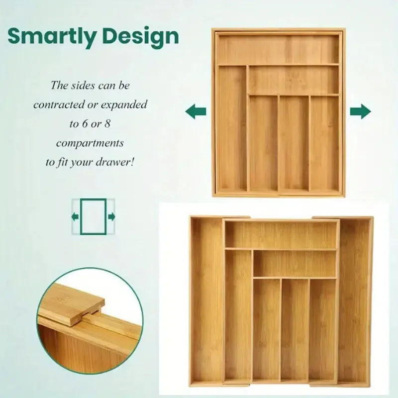Adjustable Bamboo Drawer Organiser – Expandable 8-Grid Cutlery & Utensil Storage for Kitchen, Office & Home WHIMSICAL HOME OF CREATIONS