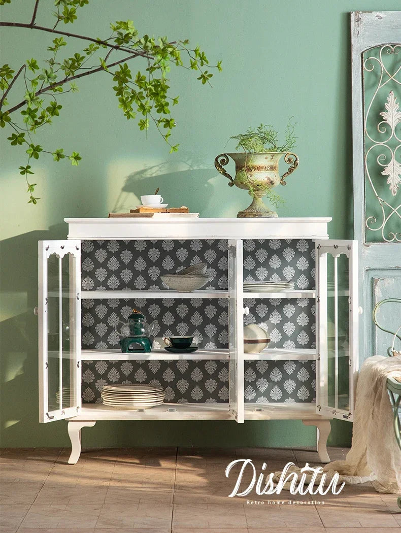 French Distressed Glass Cabinet – Rustic Elegance with Luxury Interior Design WHIMSICAL HOME OF CREATIONS