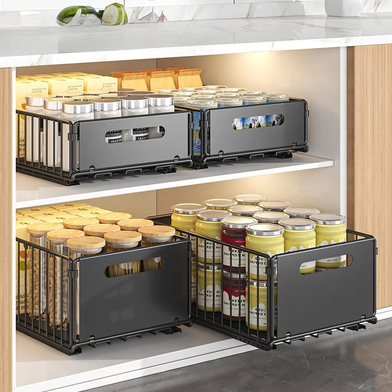 Carbon Steel Pull-Out Folding Cabinet Storage Rack – Double Layer, Heavy-Duty WHIMSICAL HOME OF CREATIONS