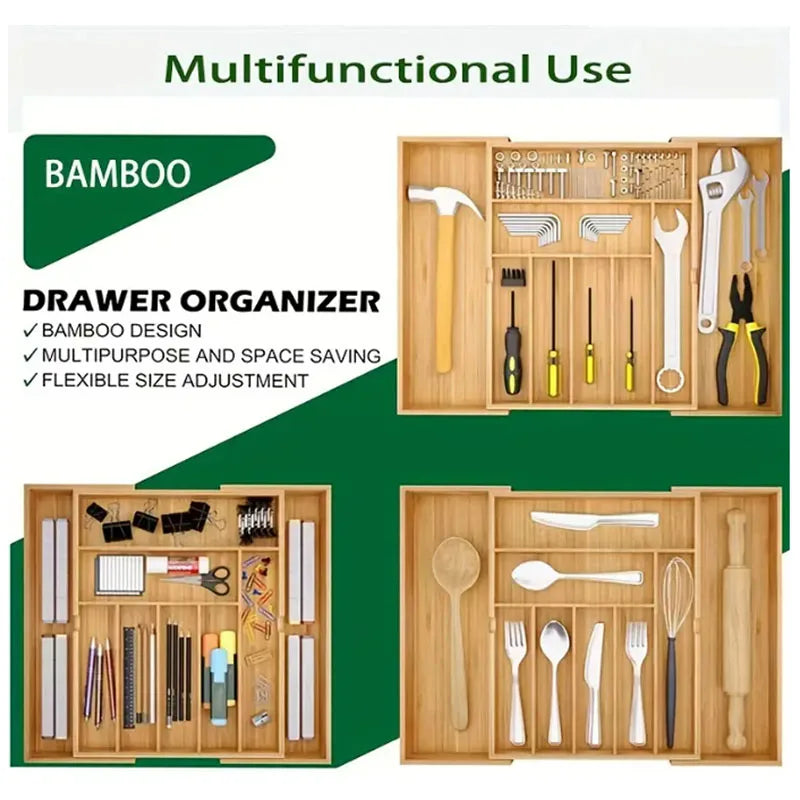 Adjustable Bamboo Drawer Organiser – Expandable 8-Grid Cutlery & Utensil Storage for Kitchen, Office & Home WHIMSICAL HOME OF CREATIONS