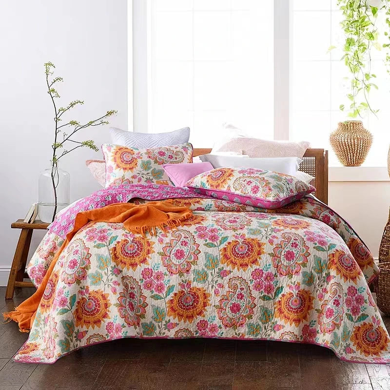 Luxury 500TC Pure Egyptian Cotton Boho Vintage Floral Reversible Bedcover Quilt Set – 3-Piece King & Queen Fit WHIMSICAL HOME OF CREATIONS