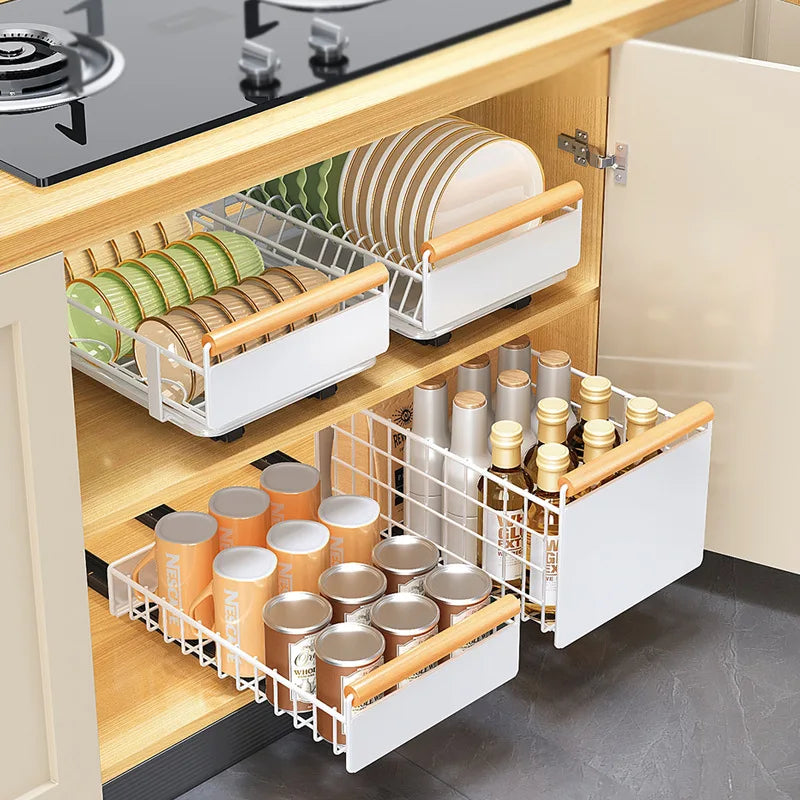Multi-Functional Pull-Out Cabinet Drawer Organizer – Heavy-Duty Carbon Steel, No-Drill Install WHIMSICAL HOME OF CREATIONS